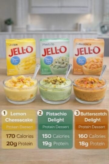Three creamy high-protein desserts in individual serving cups: lemon cheesecake with lemon zest, pistachio delight topped with crushed pistachios, and butterscotch delight topped with sugar-free butterscotch chips. The desserts have a smooth, mousse-like texture and are presented as light, satisfying sweet treats.