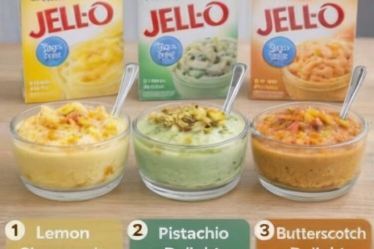 Three creamy high-protein desserts in individual serving cups: lemon cheesecake with lemon zest, pistachio delight topped with crushed pistachios, and butterscotch delight topped with sugar-free butterscotch chips. The desserts have a smooth, mousse-like texture and are presented as light, satisfying sweet treats.