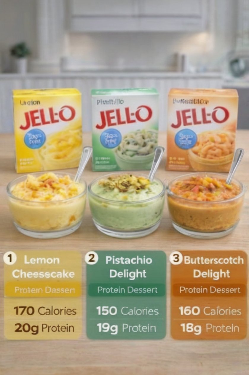 Three creamy high-protein desserts in individual serving cups: lemon cheesecake with lemon zest, pistachio delight topped with crushed pistachios, and butterscotch delight topped with sugar-free butterscotch chips. The desserts have a smooth, mousse-like texture and are presented as light, satisfying sweet treats.