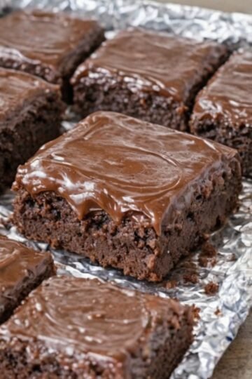 Fudgy chocolate brownies made with chocolate cake mix, topped with a thick, glossy chocolate frosting. The brownies have slightly crisp edges, a crackly top, and a rich, soft center, cut into neat squares and served as an indulgent homemade dessert.