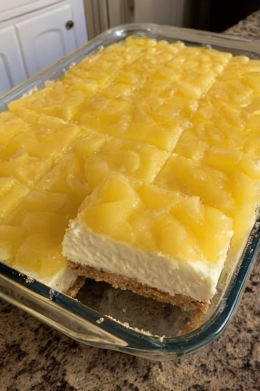 No-bake pineapple cream cheese dessert with a buttery graham cracker crust, a smooth and creamy sweetened cream cheese layer, and a glossy topping of crushed pineapple. The chilled dessert is cut into neat squares and served as a light, tropical, nostalgic treat.