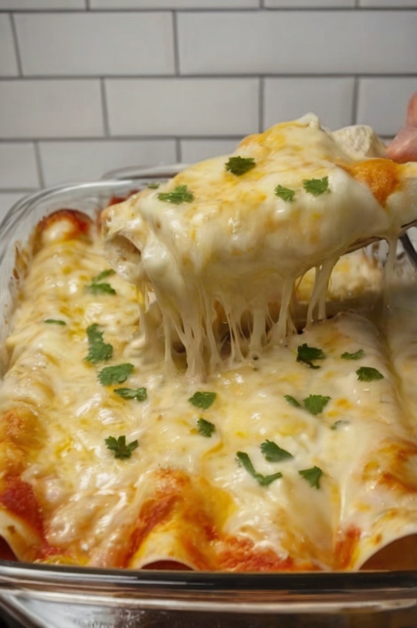 Creamy white chicken enchiladas made with shredded rotisserie chicken, flour tortillas, Monterey Jack and mozzarella cheese, green chiles, and a tangy sour cream salsa verde sauce. The enchiladas are baked until the cheese is melted, bubbly, and golden in spots, then finished with fresh cilantro.
