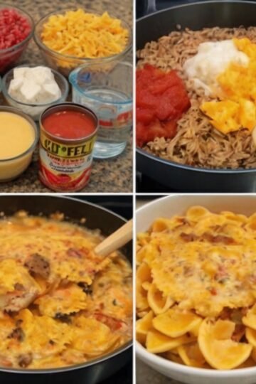 Creamy cheesy beef and bowtie pasta made with seasoned ground beef, tender pasta, Velveeta, Rotel tomatoes with green chilies, sour cream, and shredded cheddar. The pasta is coated in a rich, velvety cheese sauce and served warm as a hearty, comforting family dinner.