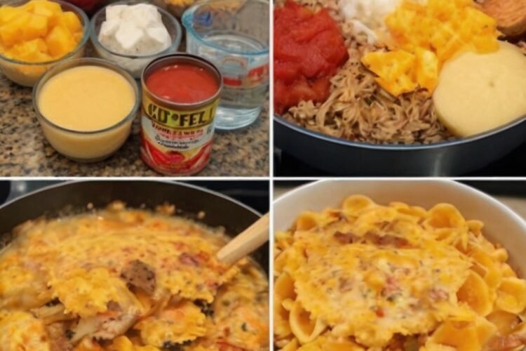 Creamy cheesy beef and bowtie pasta made with seasoned ground beef, tender pasta, Velveeta, Rotel tomatoes with green chilies, sour cream, and shredded cheddar. The pasta is coated in a rich, velvety cheese sauce and served warm as a hearty, comforting family dinner.