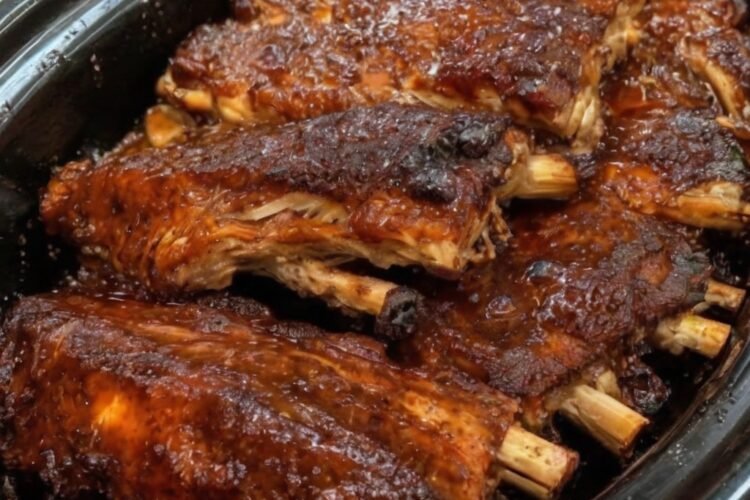 Slow cooker baby back ribs coated in a sweet, tangy barbecue sauce with brown sugar, apple cider vinegar, garlic, and smoked paprika. The ribs are fall-apart tender with a glossy, sticky caramelized glaze and slightly charred edges, served as a classic comfort-food barbecue dinner.