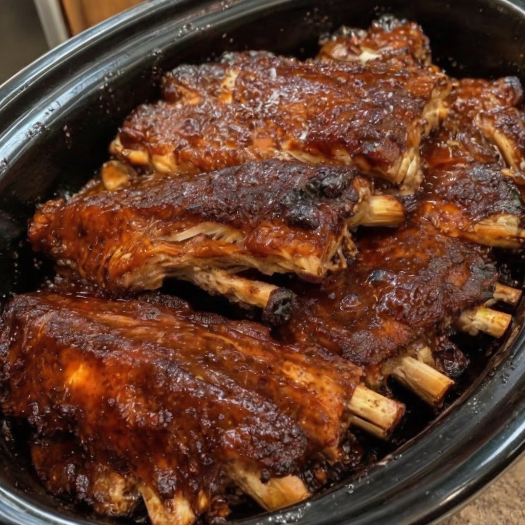 Slow cooker baby back ribs coated in a sweet, tangy barbecue sauce with brown sugar, apple cider vinegar, garlic, and smoked paprika. The ribs are fall-apart tender with a glossy, sticky caramelized glaze and slightly charred edges, served as a classic comfort-food barbecue dinner.