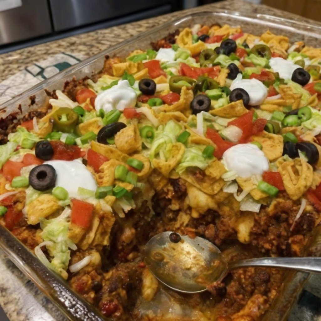Walking Taco Bake made with seasoned ground beef, chili beans, crunchy corn chips, and melted cheddar cheese baked together in a casserole dish. The golden, bubbly cheese is topped with fresh lettuce, diced tomatoes, black olives, jalapeños, sour cream, and green onions for a colorful, loaded taco-inspired dinner.