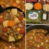 Hearty homemade vegetable beef soup with seasoned ground beef, tender potatoes, carrots, onions, diced tomatoes, and colorful mixed vegetables simmered in a rich savory beef broth. Served hot in a bowl as a cozy, comforting family dinner.