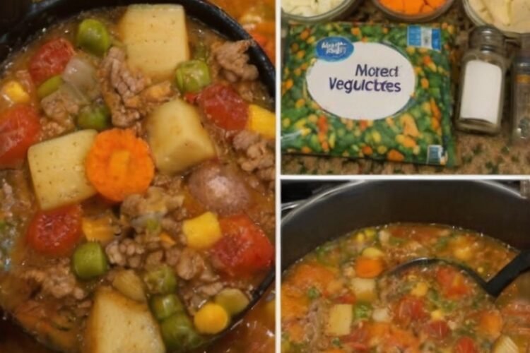 Hearty homemade vegetable beef soup with seasoned ground beef, tender potatoes, carrots, onions, diced tomatoes, and colorful mixed vegetables simmered in a rich savory beef broth. Served hot in a bowl as a cozy, comforting family dinner.