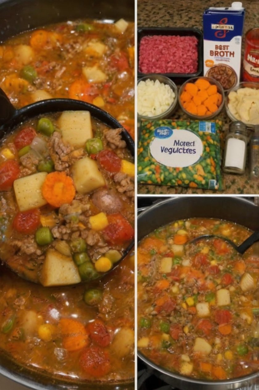 Hearty homemade vegetable beef soup with seasoned ground beef, tender potatoes, carrots, onions, diced tomatoes, and colorful mixed vegetables simmered in a rich savory beef broth. Served hot in a bowl as a cozy, comforting family dinner.