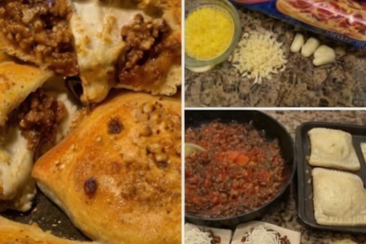 Golden-brown cheesy beef pizza pockets made with seasoned ground beef, pizza sauce, and melted mozzarella wrapped in crispy baked dough. The pockets are brushed with garlic butter and served warm with extra pizza sauce for dipping, making an easy handheld family meal.