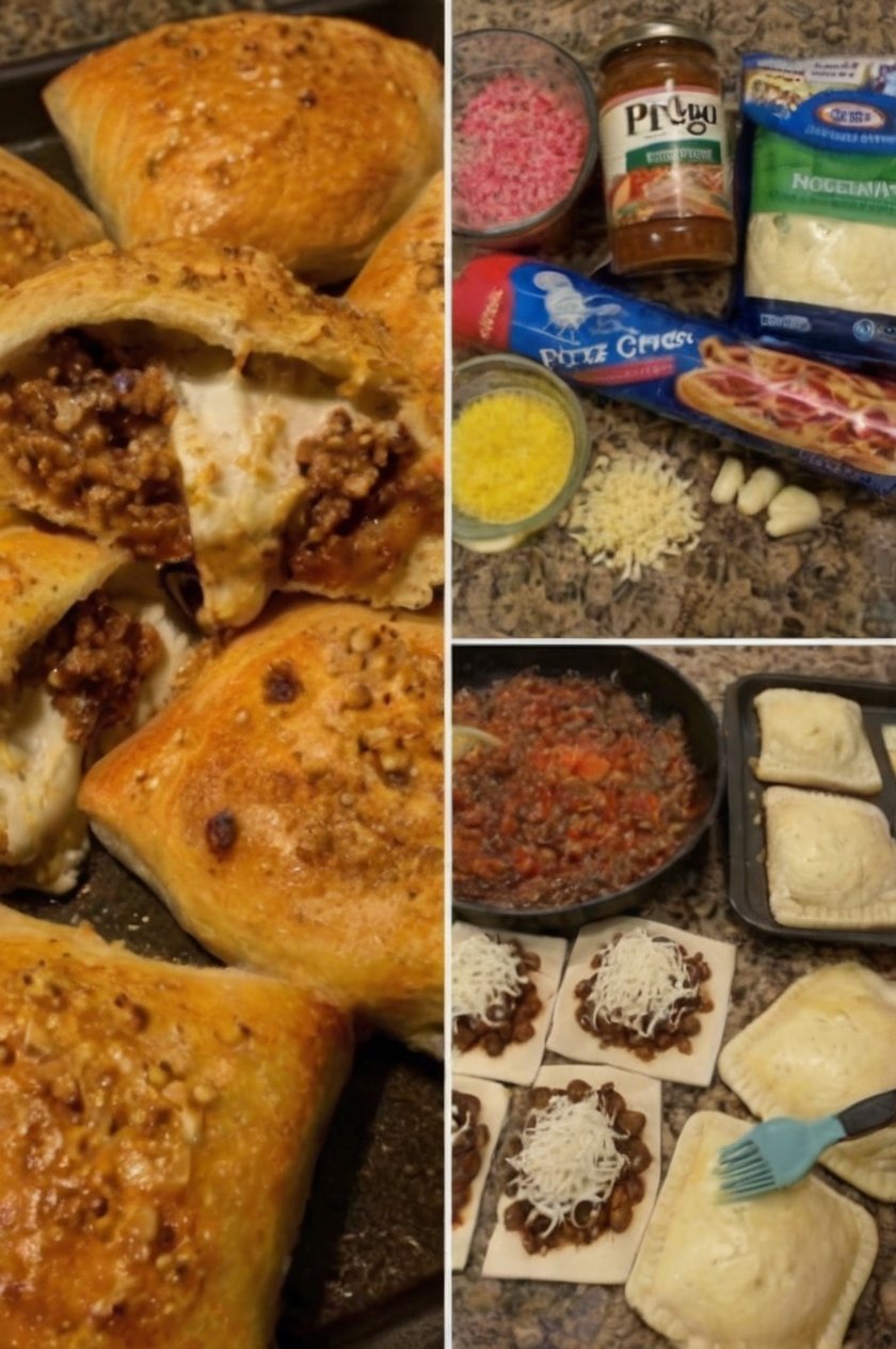 Golden-brown cheesy beef pizza pockets made with seasoned ground beef, pizza sauce, and melted mozzarella wrapped in crispy baked dough. The pockets are brushed with garlic butter and served warm with extra pizza sauce for dipping, making an easy handheld family meal.