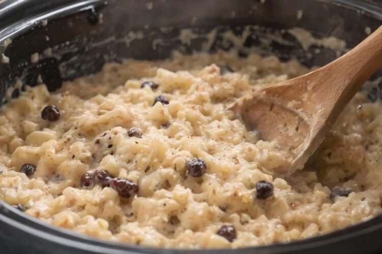 Creamy slow cooker rice pudding made with tender short-grain rice, whole milk, cinnamon, vanilla, and plump raisins. Served warm in a bowl with a light sprinkle of cinnamon on top, showcasing its thick, custardy texture and classic old-fashioned comfort.