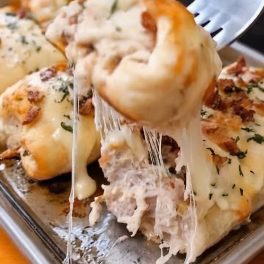 Golden-brown stuffed breadstick bombs filled with creamy chicken Alfredo, crispy bacon, melted mozzarella, and Parmesan cheese. The soft baked dough has a buttery garlic-Parmesan topping, with the cheesy filling visible inside. Served warm on a parchment-lined baking sheet as an irresistible appetizer or comfort-food snack.