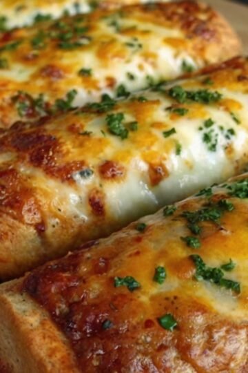Golden-brown Cheesy Taco Sticks made with seasoned ground beef, melted mozzarella and cheddar cheese wrapped inside soft pizza dough. The sticks are brushed with garlic butter and dried parsley, baked until crisp and golden, and served warm with salsa, sour cream, and guacamole for dipping.