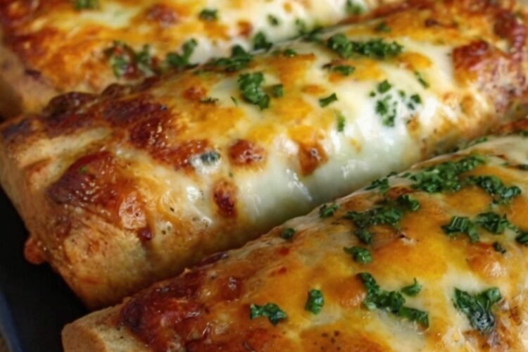 Golden-brown Cheesy Taco Sticks made with seasoned ground beef, melted mozzarella and cheddar cheese wrapped inside soft pizza dough. The sticks are brushed with garlic butter and dried parsley, baked until crisp and golden, and served warm with salsa, sour cream, and guacamole for dipping.