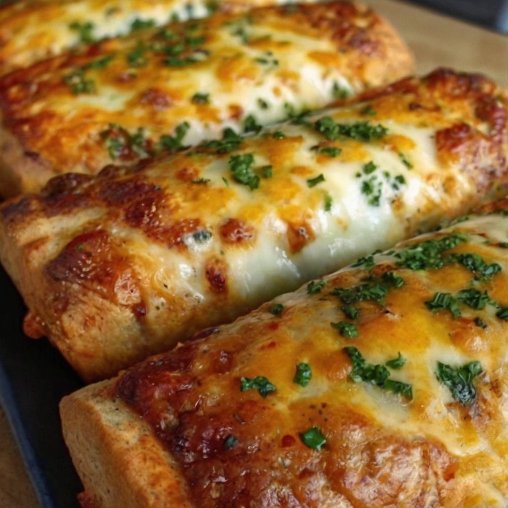 Golden-brown Cheesy Taco Sticks made with seasoned ground beef, melted mozzarella and cheddar cheese wrapped inside soft pizza dough. The sticks are brushed with garlic butter and dried parsley, baked until crisp and golden, and served warm with salsa, sour cream, and guacamole for dipping.