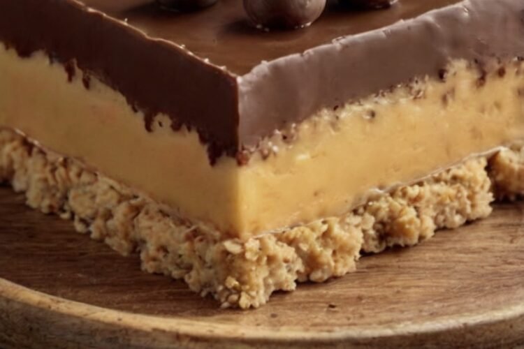 No-bake peanut butter bars with a firm, buttery graham cracker and peanut butter base topped with a smooth, glossy layer of melted chocolate and peanut butter. The bars are cut into neat squares and served chilled, creating a rich, creamy chocolate-peanut butter dessert with classic Reese’s-style flavor.