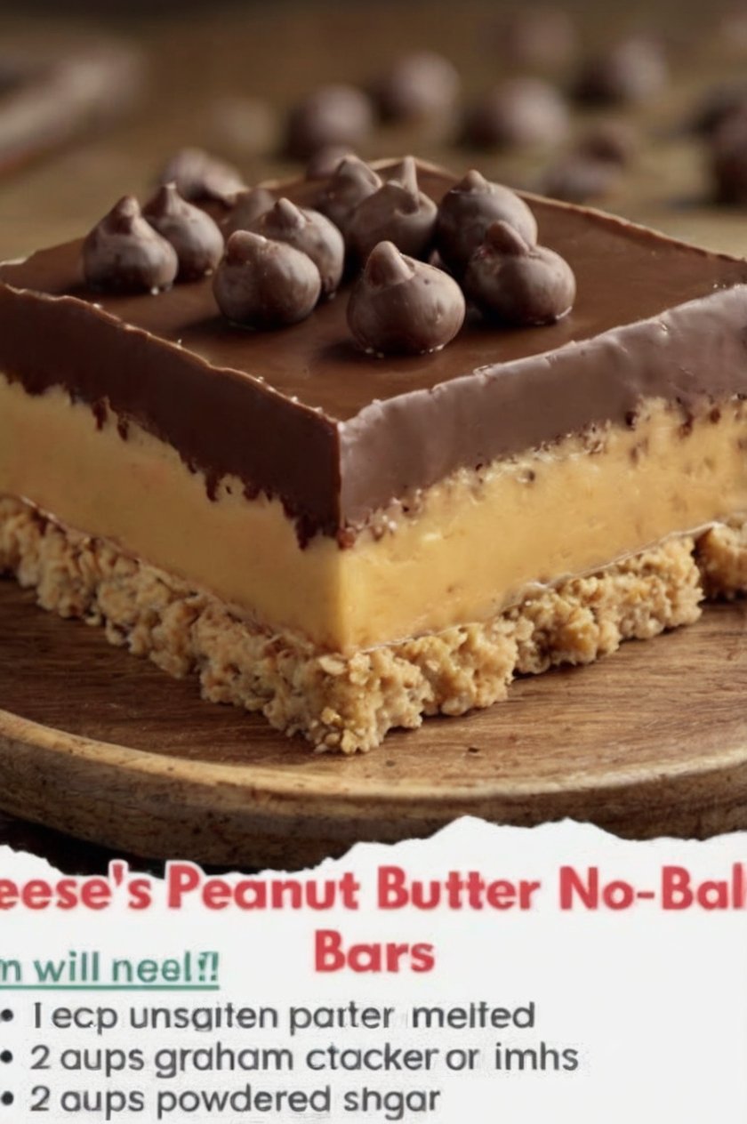 No-bake peanut butter bars with a firm, buttery graham cracker and peanut butter base topped with a smooth, glossy layer of melted chocolate and peanut butter. The bars are cut into neat squares and served chilled, creating a rich, creamy chocolate-peanut butter dessert with classic Reese’s-style flavor.