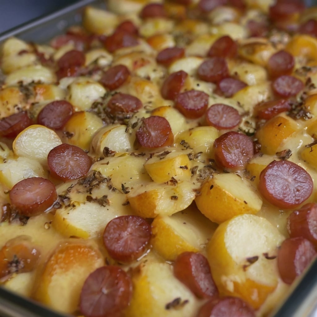 A hearty Smoked Sausage and Potato Bake featuring sliced smoked sausage, tender golden Yukon gold potatoes, and diced green and yellow bell peppers roasted together with butter, olive oil, oregano, and basil. The sausage and potatoes have lightly caramelized edges and are served hot in a rustic baking dish for a cozy, one-pan family dinne
