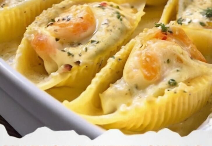 A close-up of creamy seafood stuffed shells filled with crab, shrimp, ricotta, and mozzarella, baked until golden and bubbly in a rich garlic Parmesan cream sauce, garnished with fresh parsley.