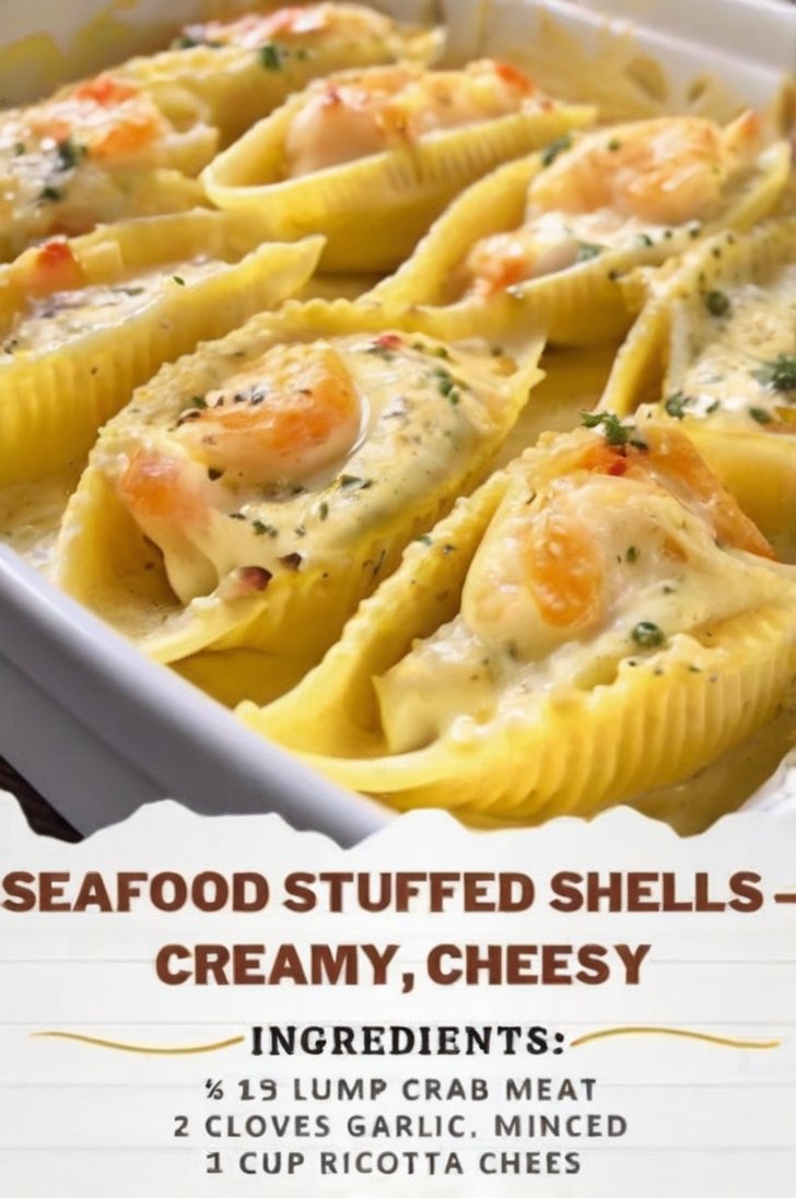 A close-up of creamy seafood stuffed shells filled with crab, shrimp, ricotta, and mozzarella, baked until golden and bubbly in a rich garlic Parmesan cream sauce, garnished with fresh parsley.