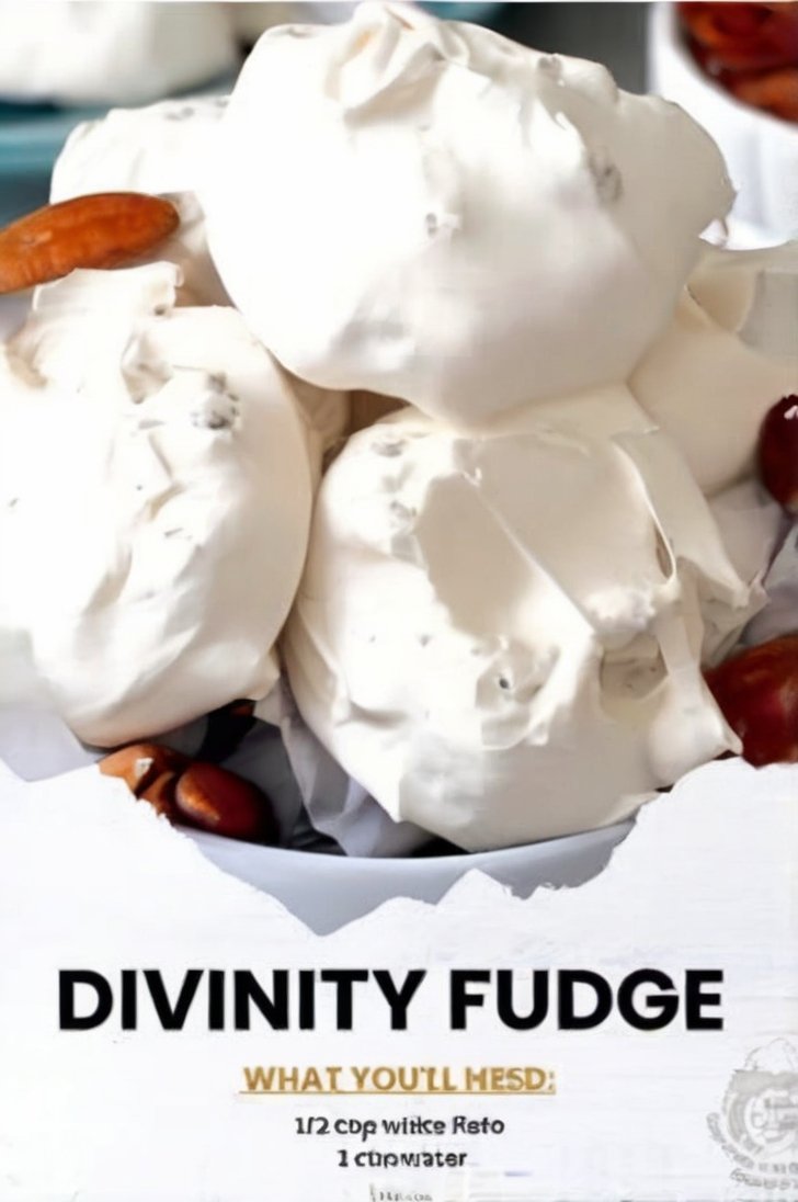 Homemade divinity fudge with a light, fluffy white texture, topped with chopped pecans and served as bite-sized holiday candy.