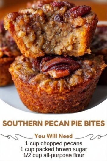 A tray of Southern pecan pie bites with golden, caramelized edges and rich, gooey brown sugar filling, topped with chopped pecans and served as bite-sized treats.