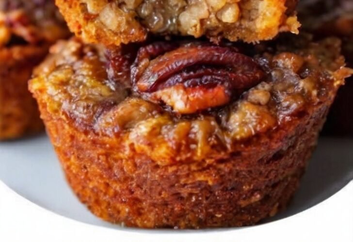 A tray of Southern pecan pie bites with golden, caramelized edges and rich, gooey brown sugar filling, topped with chopped pecans and served as bite-sized treats.