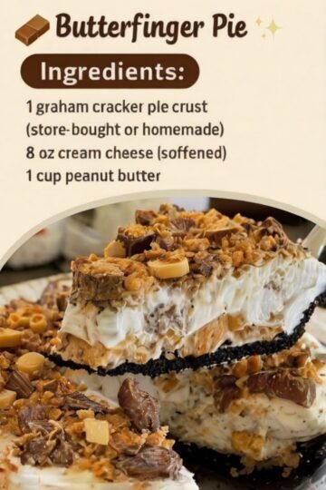 A creamy no-bake peanut butter pie topped with whipped cream and crushed Butterfinger candy pieces, set in a golden graham cracker crust and garnished with extra candy crumbs.