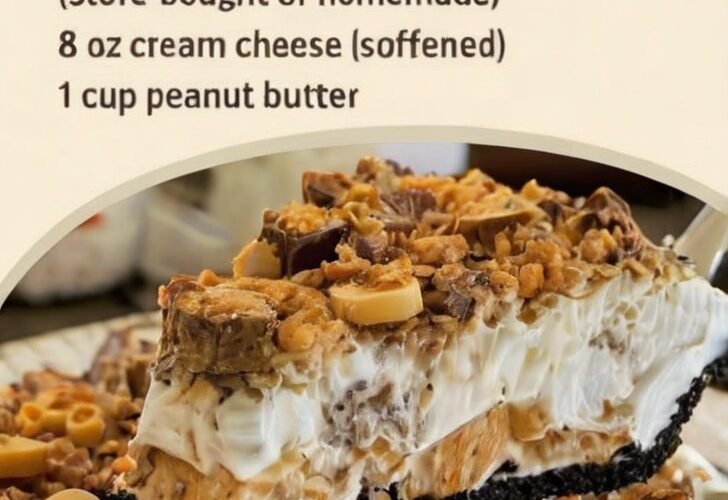 A creamy no-bake peanut butter pie topped with whipped cream and crushed Butterfinger candy pieces, set in a golden graham cracker crust and garnished with extra candy crumbs.