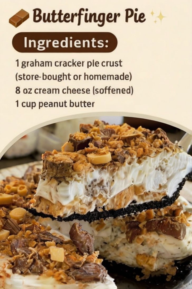 A creamy no-bake peanut butter pie topped with whipped cream and crushed Butterfinger candy pieces, set in a golden graham cracker crust and garnished with extra candy crumbs.
