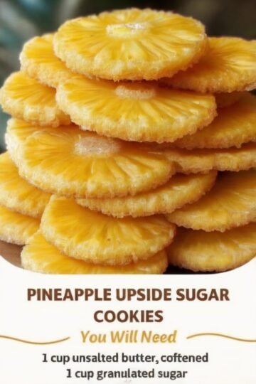 A plate of golden-brown pineapple cookies topped with glossy caramelized pineapple rings, featuring crisp edges, soft buttery centers, and a sweet tropical finish.