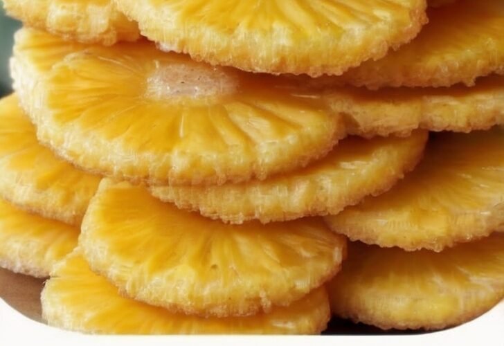 A plate of golden-brown pineapple cookies topped with glossy caramelized pineapple rings, featuring crisp edges, soft buttery centers, and a sweet tropical finish.