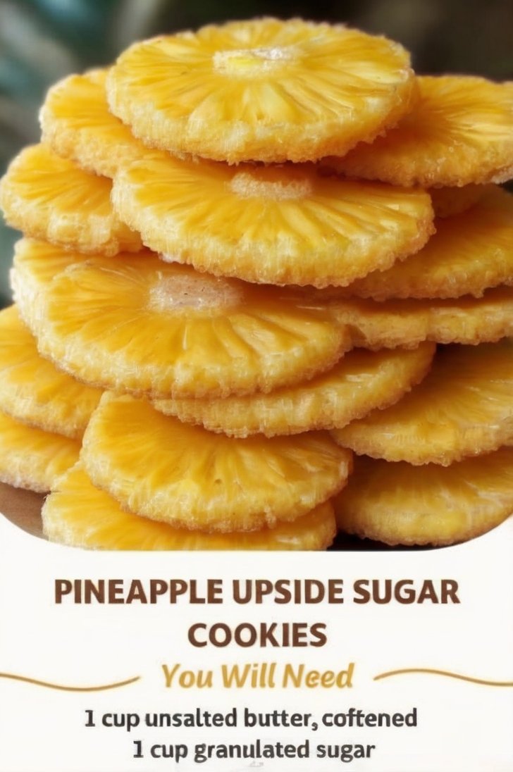 A plate of golden-brown pineapple cookies topped with glossy caramelized pineapple rings, featuring crisp edges, soft buttery centers, and a sweet tropical finish.