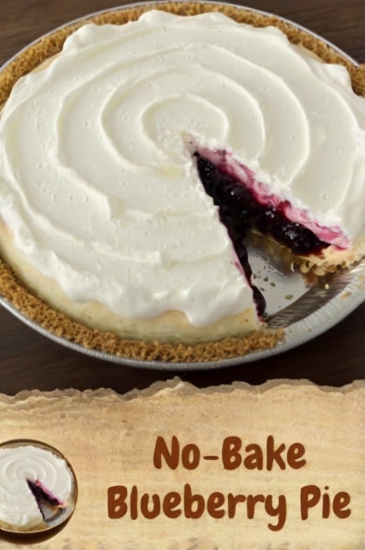 No-bake blueberry cream pie with a graham cracker crust, creamy white cheesecake filling, and glossy blueberry topping swirled across the surface, with one slice removed.