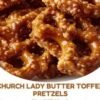 Golden mini pretzel twists covered in a rich, buttery brown sugar toffee coating, baked until glossy and crisp, with clusters of crunchy caramelized pretzels ready for snacking.