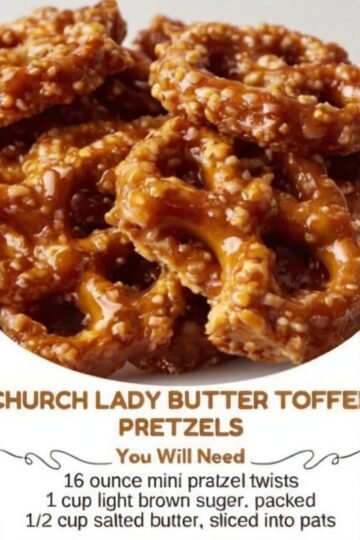Golden mini pretzel twists covered in a rich, buttery brown sugar toffee coating, baked until glossy and crisp, with clusters of crunchy caramelized pretzels ready for snacking.