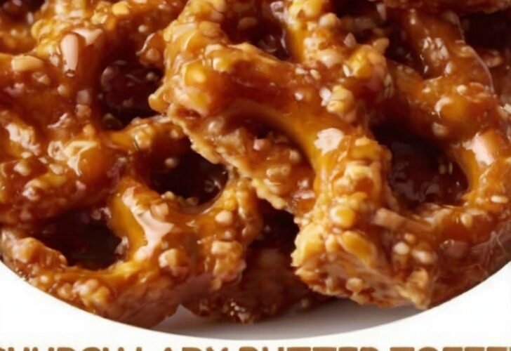 Golden mini pretzel twists covered in a rich, buttery brown sugar toffee coating, baked until glossy and crisp, with clusters of crunchy caramelized pretzels ready for snacking.