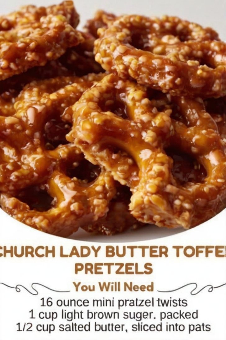 Golden mini pretzel twists covered in a rich, buttery brown sugar toffee coating, baked until glossy and crisp, with clusters of crunchy caramelized pretzels ready for snacking.