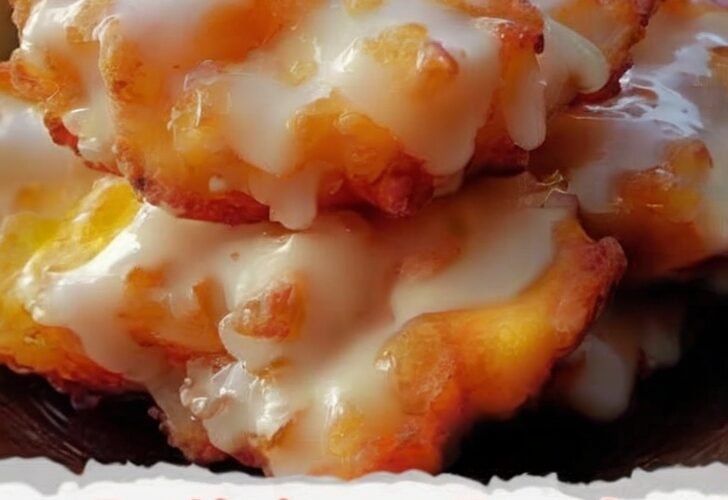 A plate of golden-brown peach fritters with crisp, craggy edges and soft centers filled with juicy peach pieces, generously drizzled with a sweet vanilla glaze.