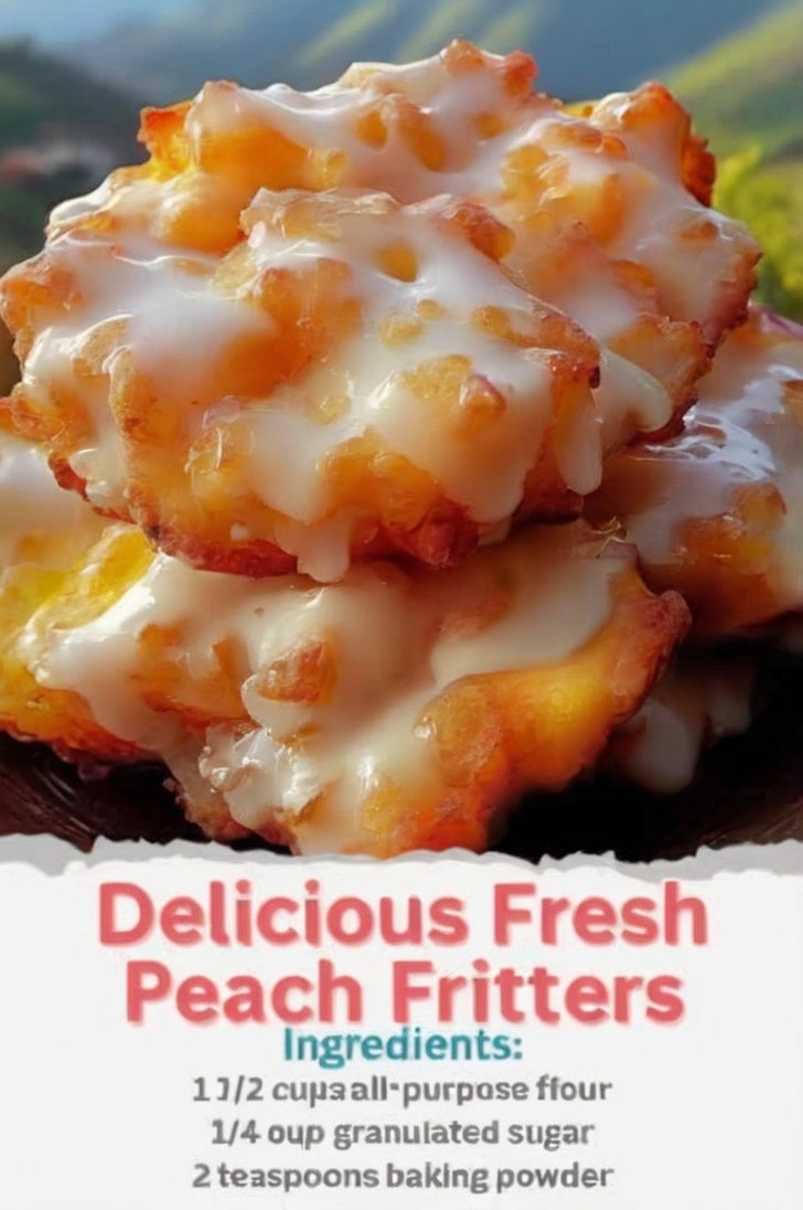 A plate of golden-brown peach fritters with crisp, craggy edges and soft centers filled with juicy peach pieces, generously drizzled with a sweet vanilla glaze.