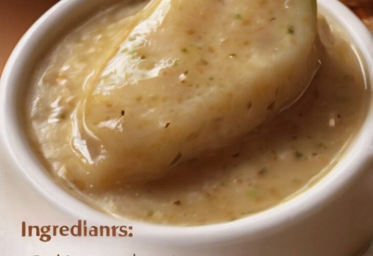 A bowl of creamy homemade chicken gravy with a smooth, velvety texture and visible flecks of cracked black pepper, served over fluffy mashed potatoes with butter melting into the top. The rich golden gravy is also accompanied by warm buttermilk biscuits and crispy fried chicken on a rustic wooden table, photographed in warm natural light for a comforting Southern-style meal presentation.