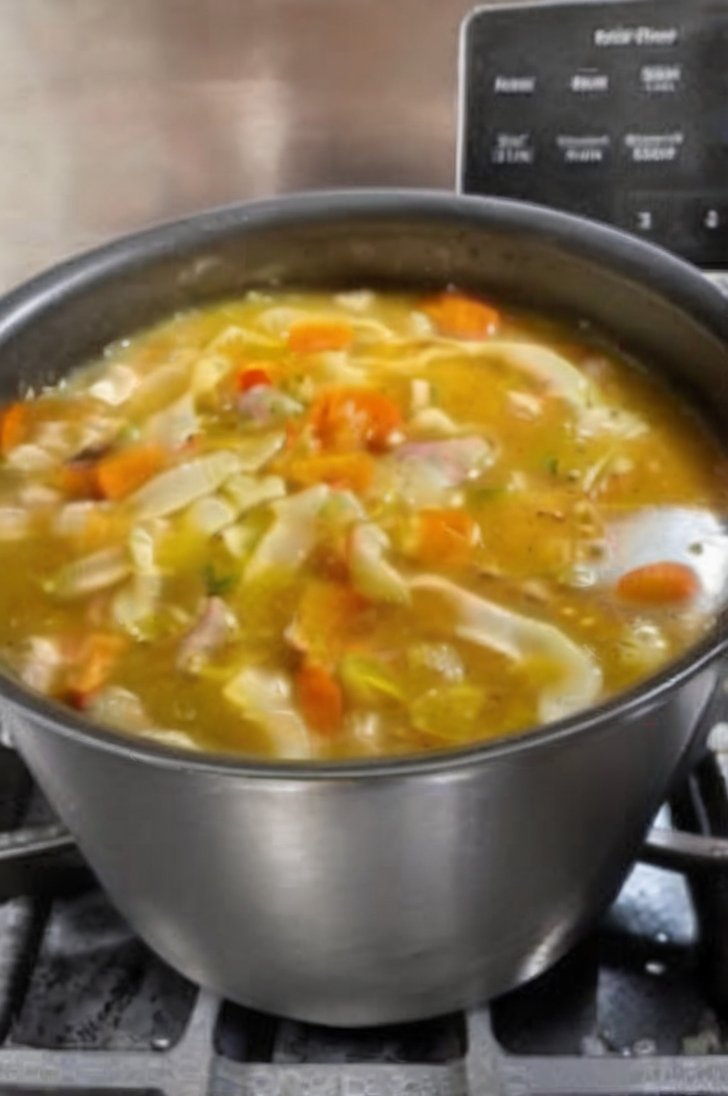 A comforting bowl of homemade chicken noodle soup with tender chicken, carrots, celery, onions, and egg noodles in a rich, savory golden broth, served piping hot.