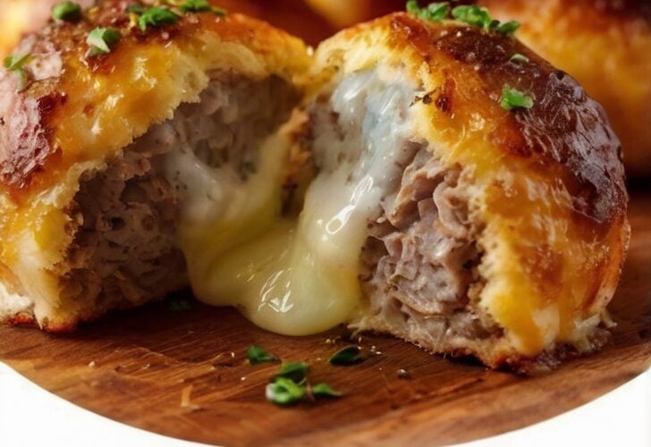 Golden Garlic Parmesan Cheeseburger Bombs baked until crisp and buttery, made with flaky biscuit dough stuffed with seasoned ground beef and gooey melted mozzarella cheese. One bomb is cut open to reveal the stretchy cheese pull and savory beef filling, brushed with garlic butter, sprinkled with Parmesan and fresh parsley, and served with warm marinara dipping sauce on a rustic wooden board. Photographed in warm natural light for an irresistible homemade appetizer or family dinner.