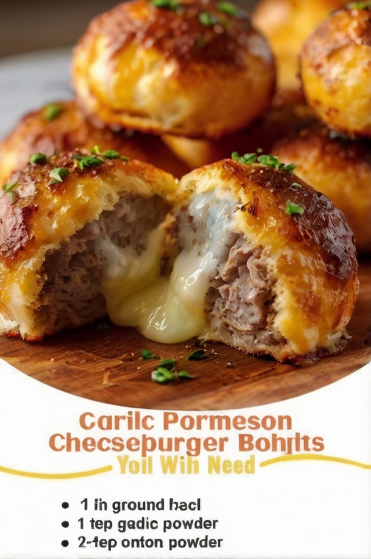 Golden Garlic Parmesan Cheeseburger Bombs baked until crisp and buttery, made with flaky biscuit dough stuffed with seasoned ground beef and gooey melted mozzarella cheese. One bomb is cut open to reveal the stretchy cheese pull and savory beef filling, brushed with garlic butter, sprinkled with Parmesan and fresh parsley, and served with warm marinara dipping sauce on a rustic wooden board. Photographed in warm natural light for an irresistible homemade appetizer or family dinner.