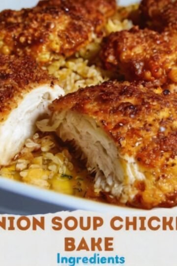 Juicy baked chicken over creamy onion-soup rice. A simple one-dish dinner with golden tops and comfort-food flavor.