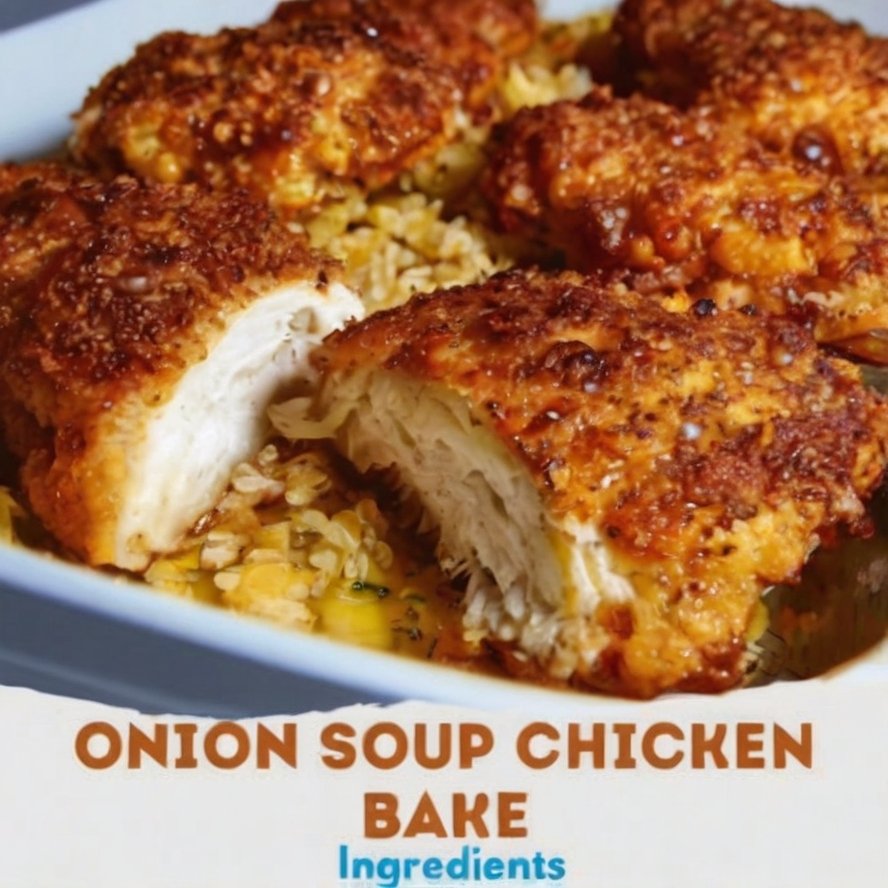 Juicy baked chicken over creamy onion-soup rice. A simple one-dish dinner with golden tops and comfort-food flavor.