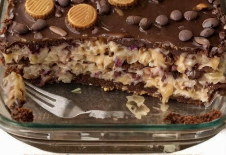 A rich Reese's Peanut Butter Earthquake Cake baked in a 9x13-inch pan with swirls of creamy peanut butter cheesecake running through moist chocolate cake. Topped with silky chocolate ganache, mini Reese's peanut butter cups, and chocolate chips, one slice is lifted to reveal the gooey marbled layers inside. Served on a rustic wooden table in warm natural light for an indulgent bakery-style dessert presentation.