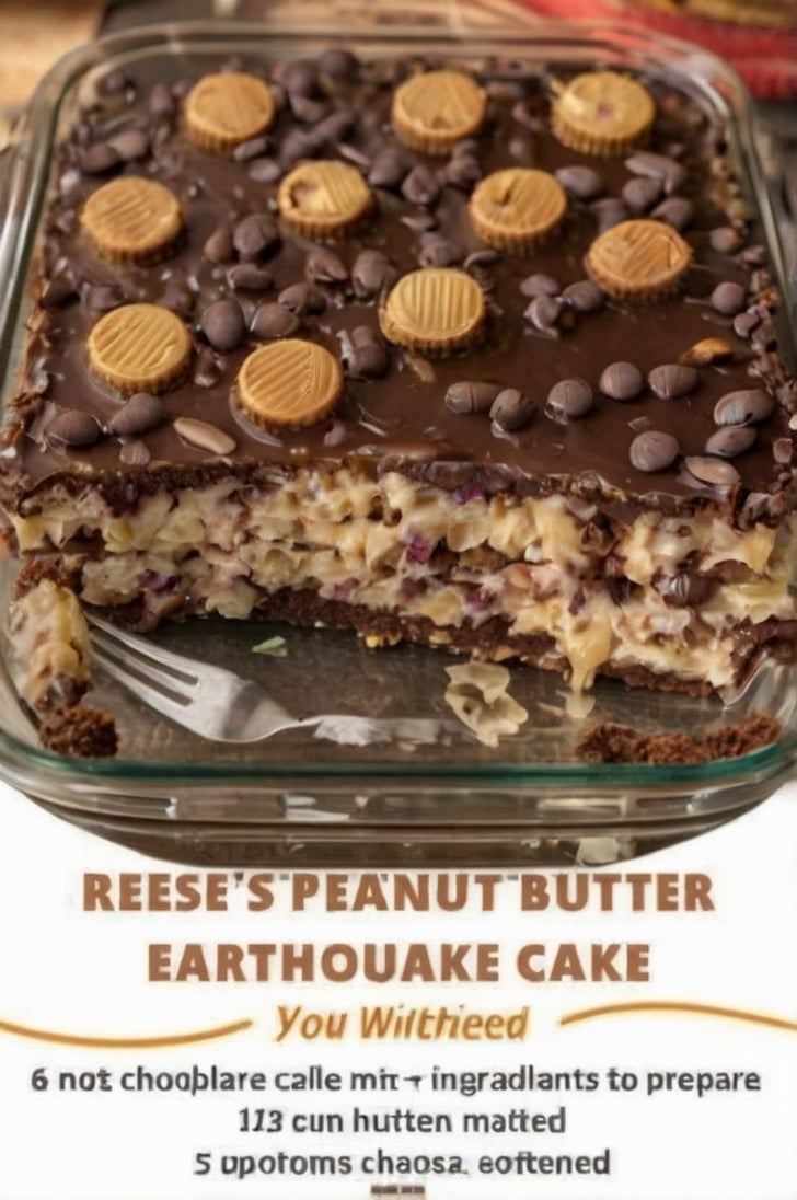 A rich Reese's Peanut Butter Earthquake Cake baked in a 9x13-inch pan with swirls of creamy peanut butter cheesecake running through moist chocolate cake. Topped with silky chocolate ganache, mini Reese's peanut butter cups, and chocolate chips, one slice is lifted to reveal the gooey marbled layers inside. Served on a rustic wooden table in warm natural light for an indulgent bakery-style dessert presentation.